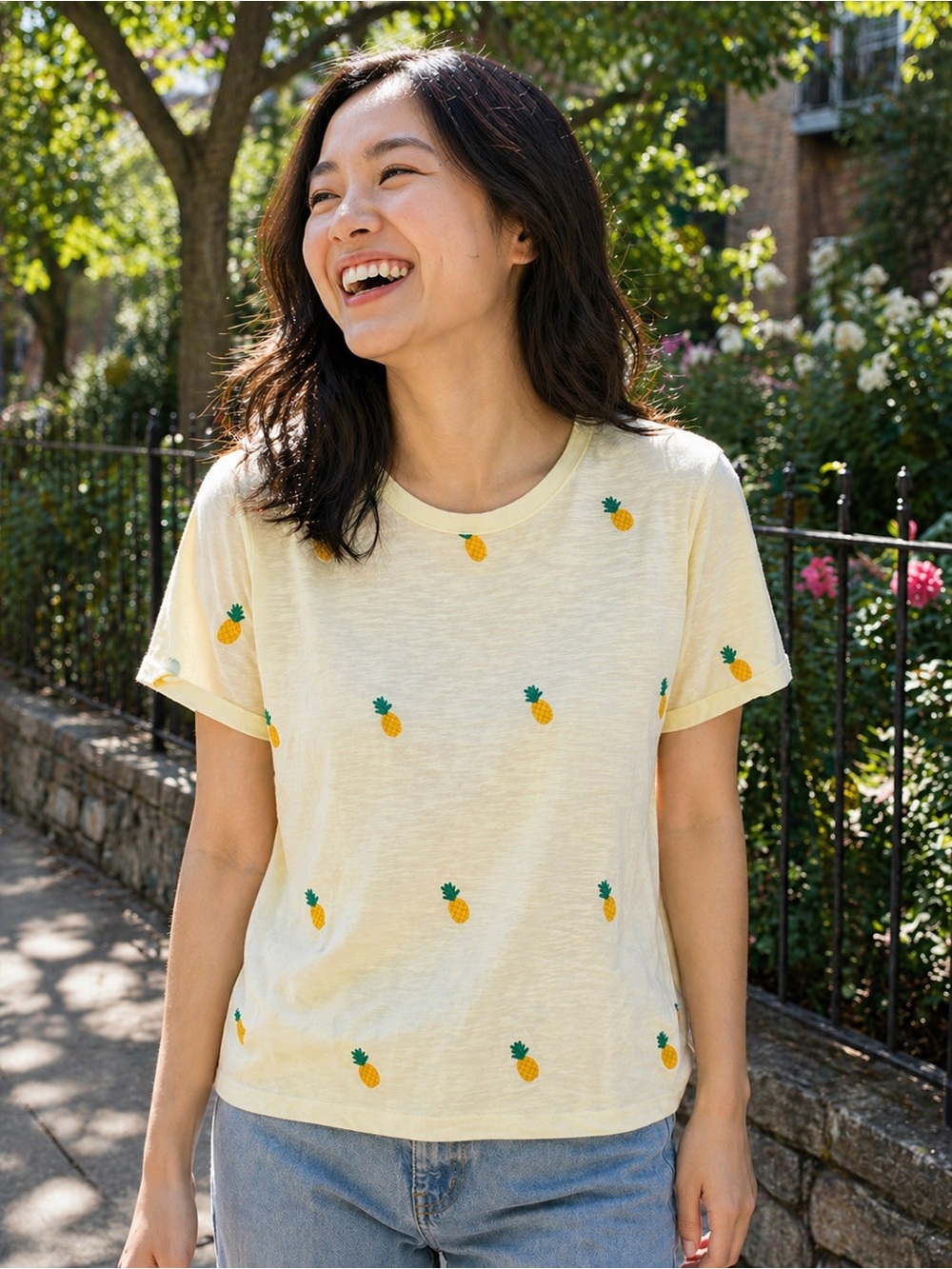 Lucky Brand Yellow Pineapple Print Short Sleeve Tee